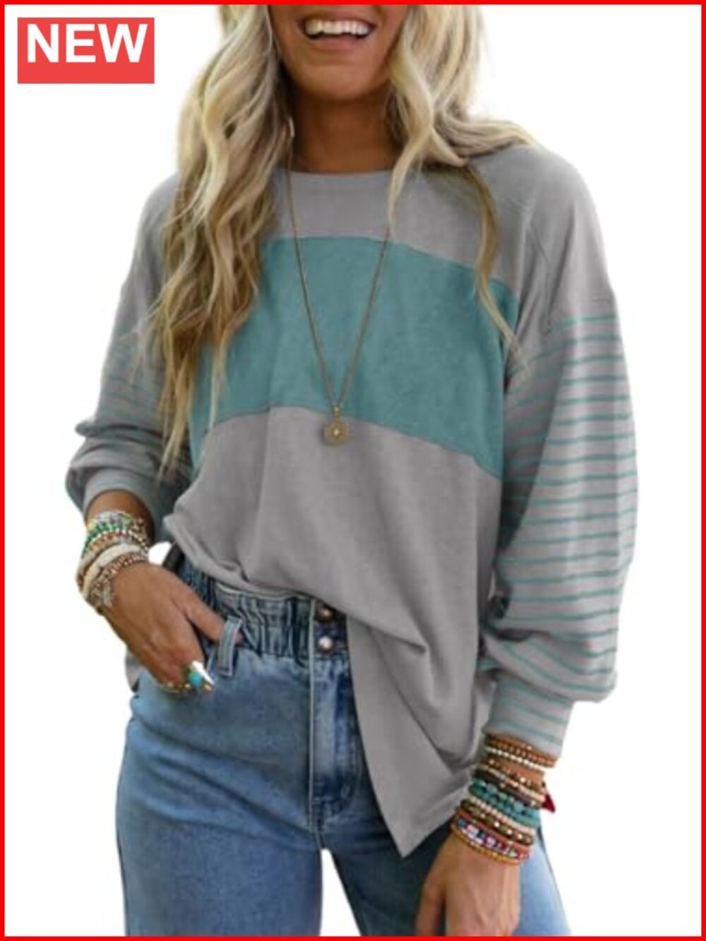 Long Sleeve Color Block Tunic Top Oversized Round Neck Casual Blouse